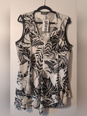 NWT Black & White Leaf-Print Asymetrical Sleeveless Top